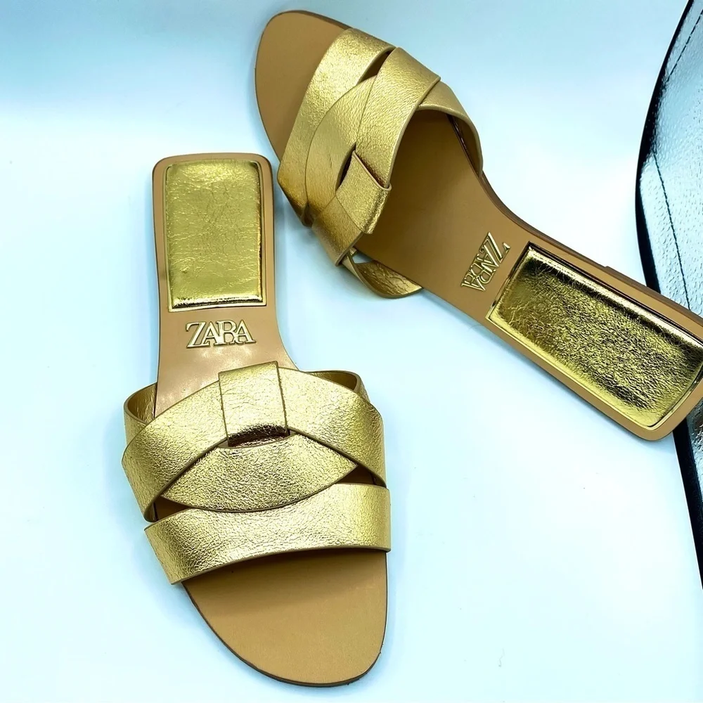 Zara Metallic Gold Cross Strap Women's Sandals Size EU 39 US8 - Picture 12 of 13
